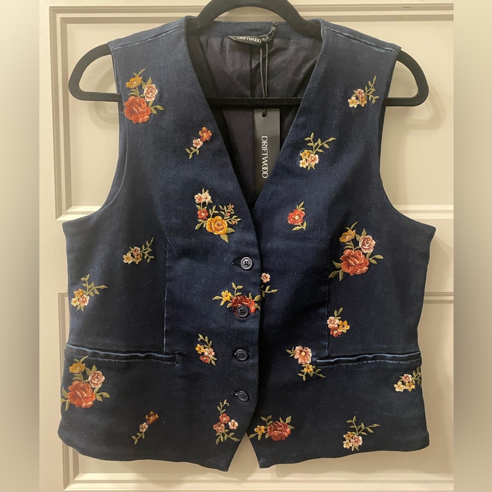 DRIFTWOOD Navy Vest with Floral Embroidery~ Size Large~ NWT